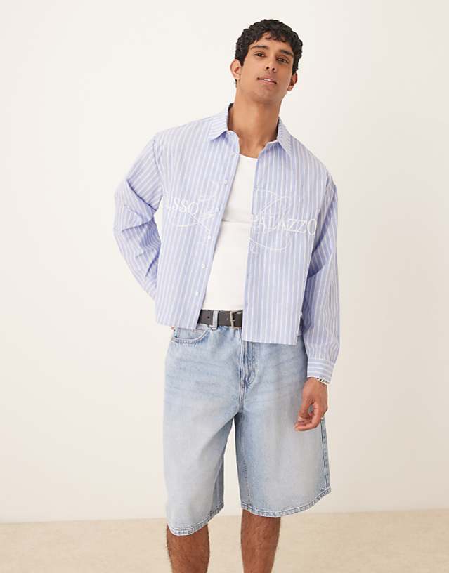 ASOS DESIGN boxy oversized striped shirt with embroidery in blue