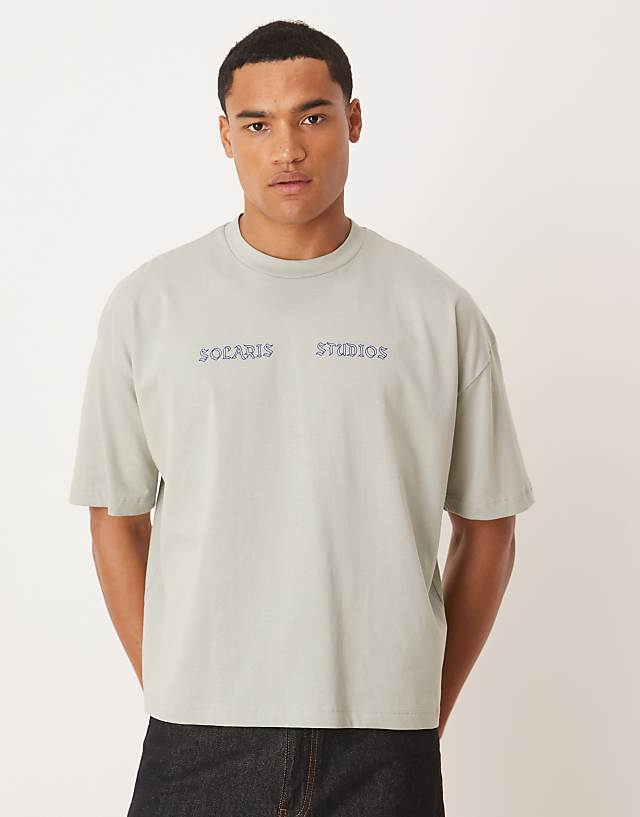 ASOS DESIGN Boxy Oversized T-shirt With Front And Back Text Graphic In Light Grey