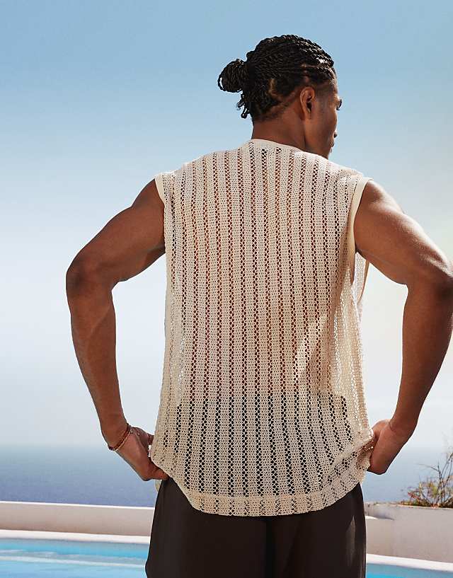 ASOS DESIGN Boxy Oversized Tank In Beige Crochet