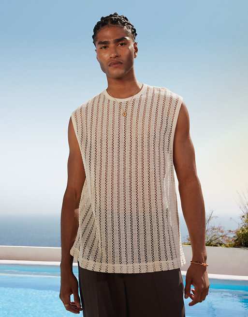 ASOS DESIGN boxy oversized tank in beige crochet