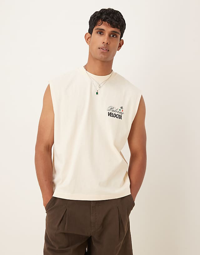 ASOS DESIGN Boxy Oversized Tank With Car Graphic In Beige