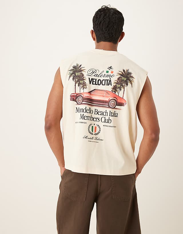 ASOS DESIGN boxy oversized tank with car graphic in beige