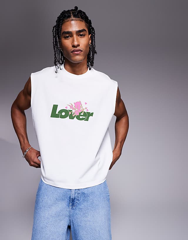 ASOS DESIGN boxy oversized tank with text graphic in white
