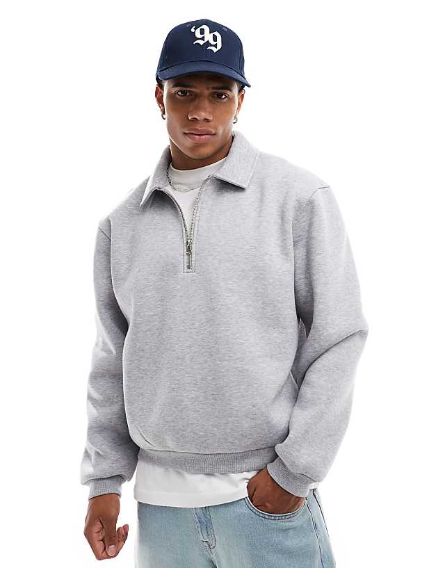 ASOS DESIGN Boxy Quarter Zip Rugby Sweatshirt In Grey