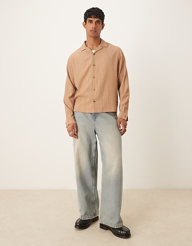 ASOS DESIGN Boxy Textured Regular Shirt In Beige