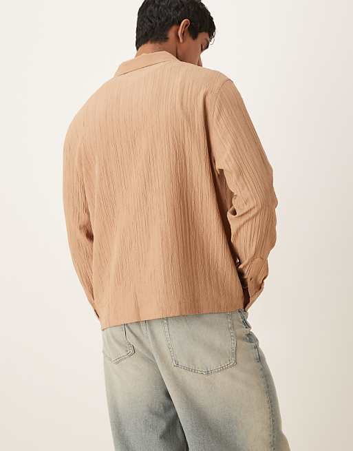 ASOS DESIGN Boxy Textured Regular Shirt In Beige