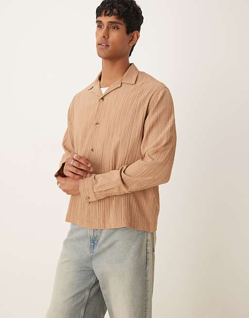 ASOS DESIGN Boxy Textured Regular Shirt In Beige
