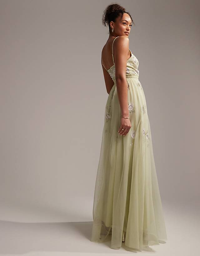 ASOS DESIGN Bridesmaid Pearl Embellished Cami Maxi Dress With Floral Embroidery In Sage