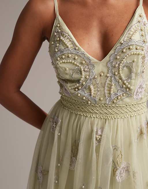 ASOS DESIGN Bridesmaid Pearl Embellished Cami Maxi Dress With Floral Embroidery In Sage