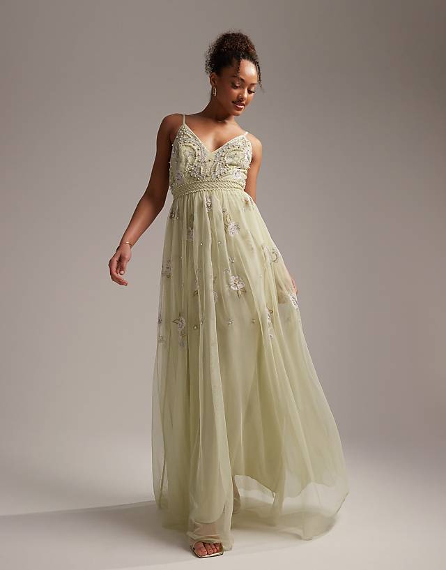 ASOS DESIGN Bridesmaid Pearl Embellished Cami Maxi Dress With Floral Embroidery In Sage