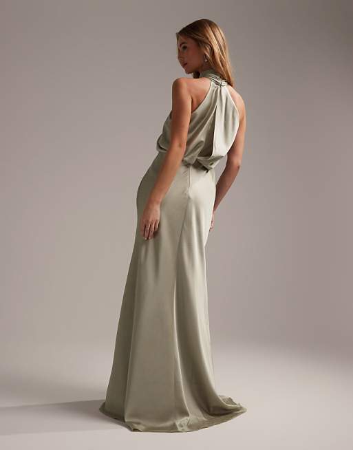 ASOS DESIGN Bridesmaid Satin Ruched Halter Neck Maxi Dress In Sage Green