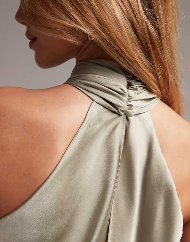 ASOS DESIGN Bridesmaid Satin Ruched Halter Neck Maxi Dress In Sage Green