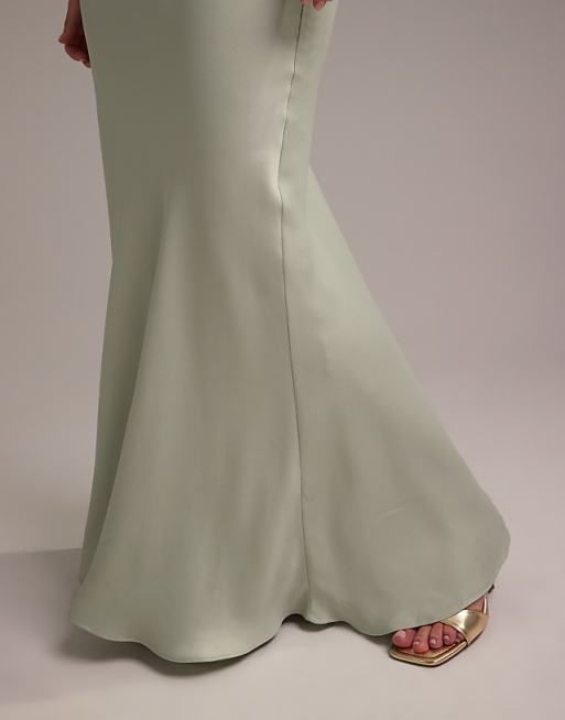 ASOS DESIGN Bridesmaid Satin Square Neck Maxi Dress In Light Green
