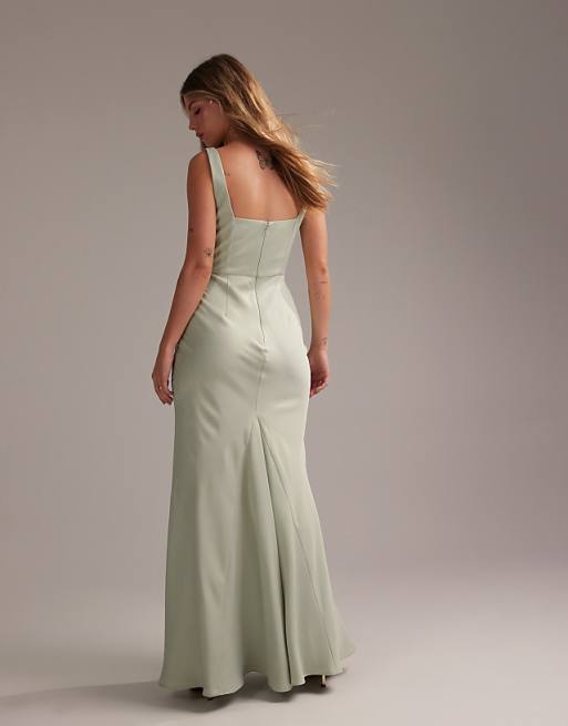 ASOS DESIGN Bridesmaid Satin Square Neck Maxi Dress In Light Green