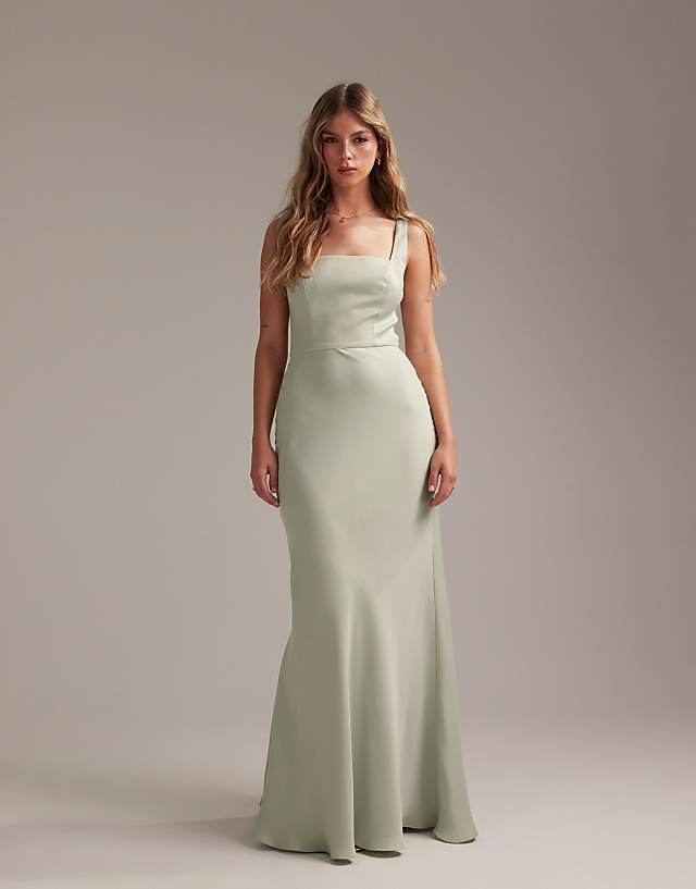ASOS DESIGN Bridesmaid Satin Square Neck Maxi Dress In Light Green