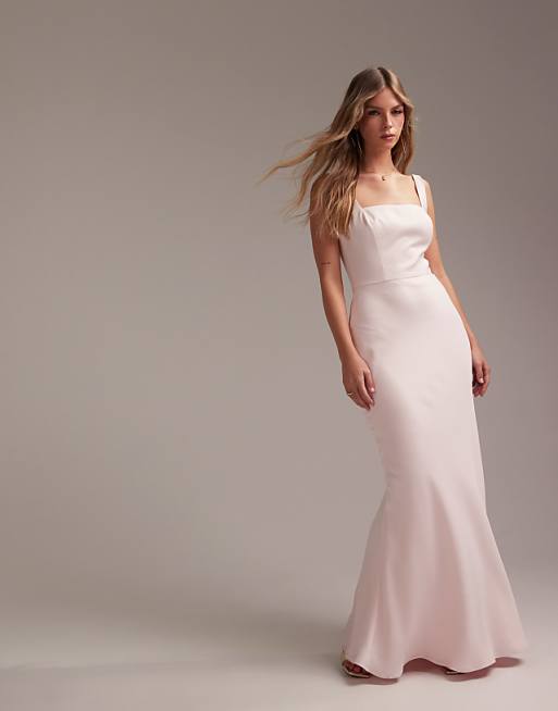 ASOS DESIGN Bridesmaid satin square neck maxi dress in soft pink
