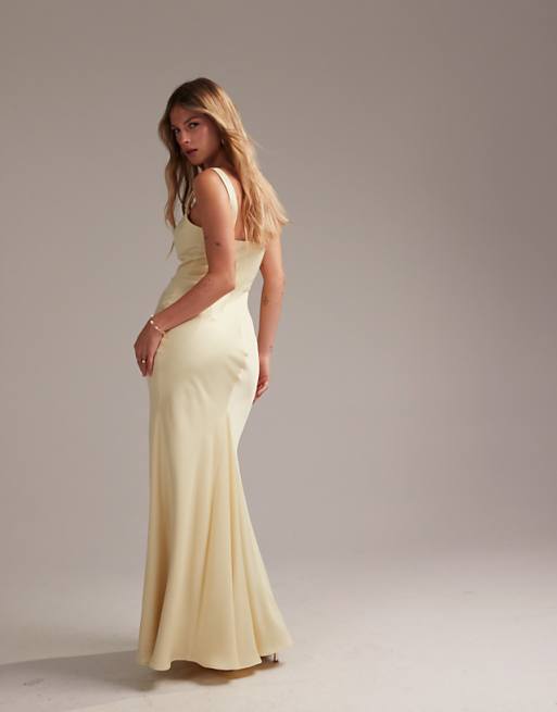 ASOS DESIGN Bridesmaid Satin Square Neck Maxi Dress In Soft Yellow