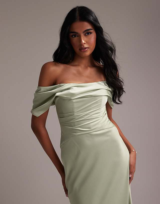 ASOS DESIGN Bridesmaids Bardot Satin Maxi Dress In Light Green