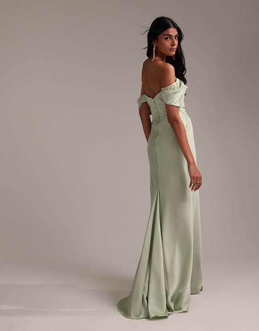 ASOS DESIGN Bridesmaids Bardot Satin Maxi Dress In Light Green