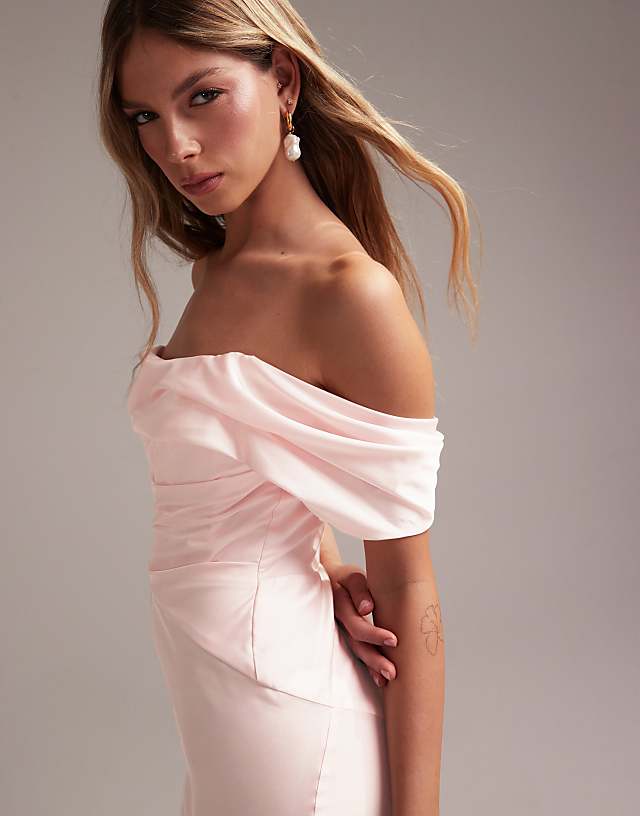 ASOS DESIGN Bridesmaids Bardot Satin Maxi Dress In Soft Pink