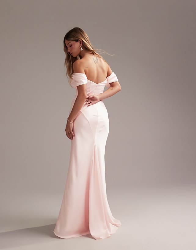 ASOS DESIGN Bridesmaids Bardot Satin Maxi Dress In Soft Pink