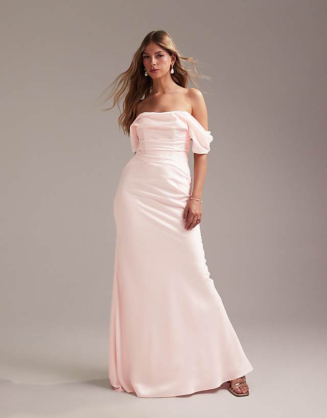 ASOS DESIGN Bridesmaids bardot satin maxi dress in soft pink