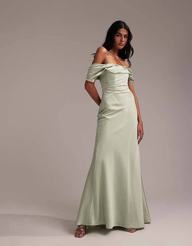 ASOS DESIGN Bridesmaids Bardot Satin Maxi Dress In Light Green
