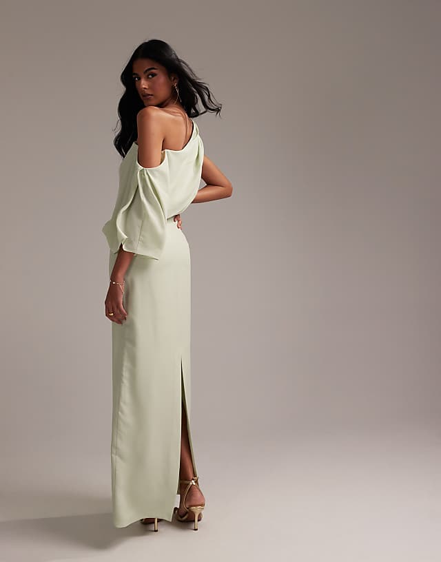 ASOS DESIGN Bridesmaids Crepe One Shoulder Draped Maxi Dress In Light Green