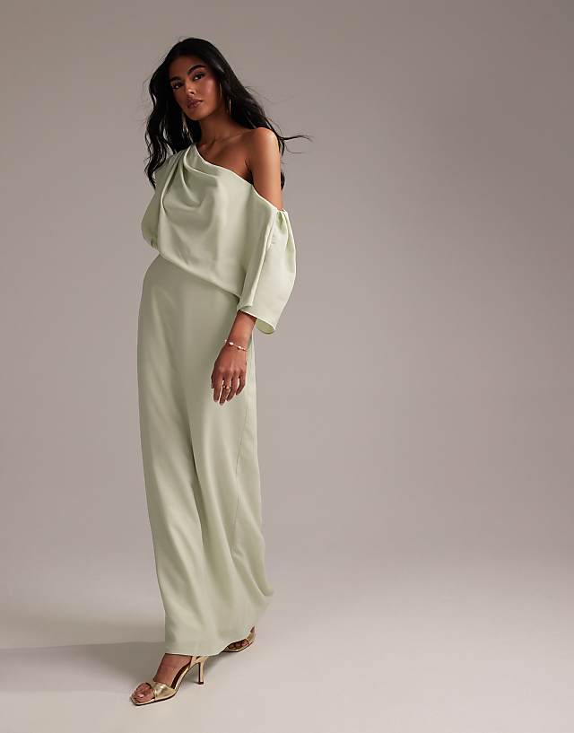 ASOS DESIGN Bridesmaids Crepe One Shoulder Draped Maxi Dress In Light Green