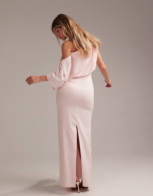ASOS DESIGN Bridesmaids Crepe One Shoulder Draped Maxi Dress In Soft Pink