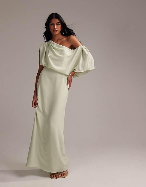 ASOS DESIGN Bridesmaids Crepe One Shoulder Draped Maxi Dress In Light Green