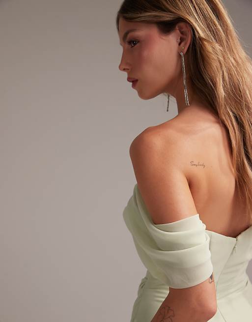 ASOS DESIGN Bridesmaids Draped Bardot Midaxi Dress In Light Green
