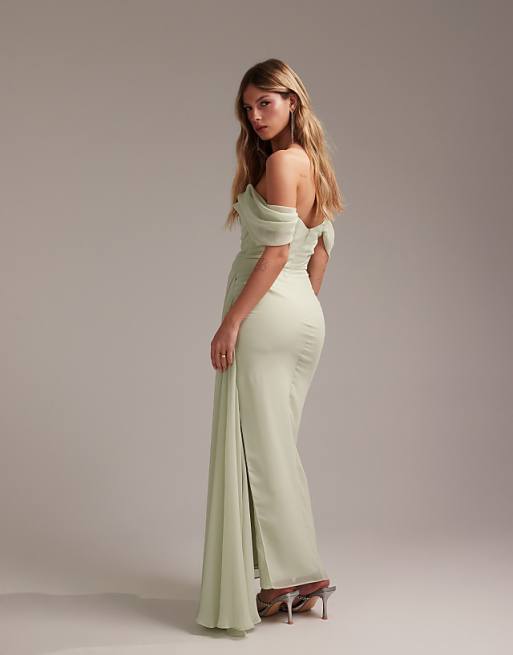 ASOS DESIGN Bridesmaids Draped Bardot Midaxi Dress In Light Green
