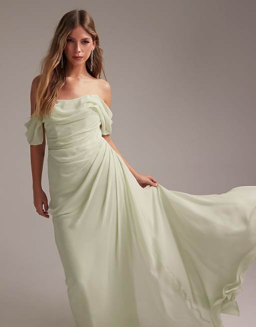 ASOS DESIGN Bridesmaids Draped Bardot Midaxi Dress In Light Green