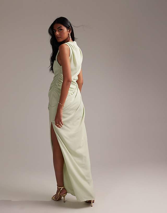 ASOS DESIGN Bridesmaids Draped Overlay Crepe Maxi Dress In Light Green