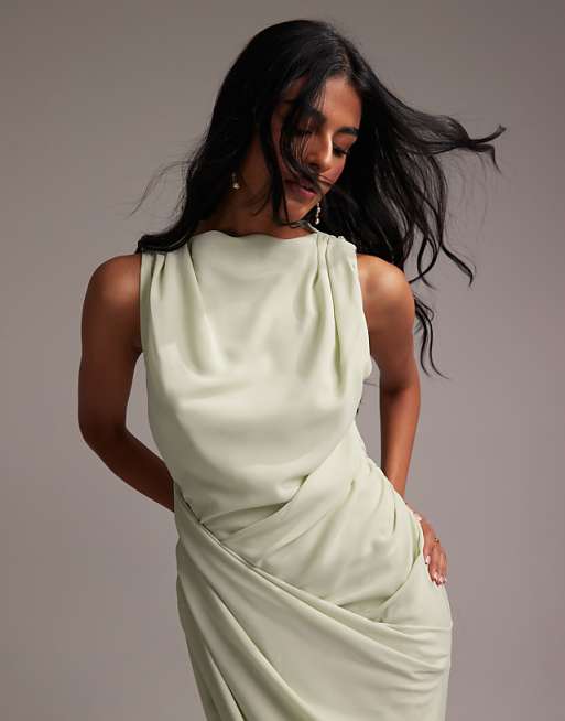 ASOS DESIGN Bridesmaids Draped Overlay Crepe Maxi Dress In Light Green