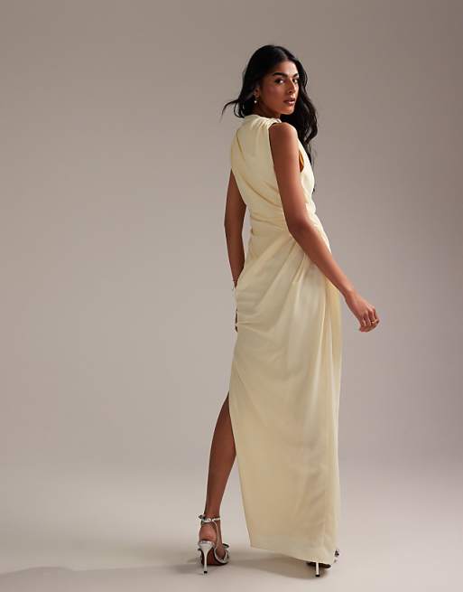 ASOS DESIGN Bridesmaids Draped Overlay Crepe Maxi Dress In Soft Yellow