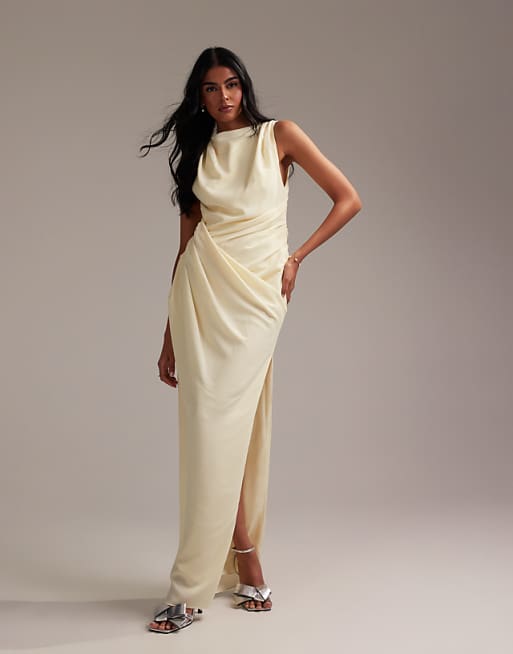 ASOS DESIGN Bridesmaids draped overlay crepe maxi dress in soft yellow