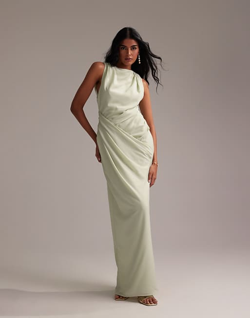 ASOS DESIGN Bridesmaids draped overlay crepe maxi dress in light green