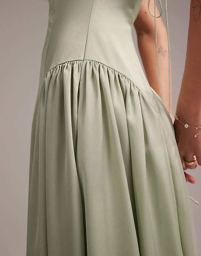ASOS DESIGN Bridesmaids Drop Waist Tie Detail Cami Midaxi Dress In Light Green