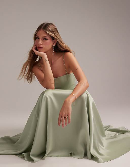 ASOS DESIGN Bridesmaids Drop Waist Tie Detail Cami Midaxi Dress In Light Green