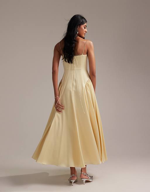 ASOS DESIGN Bridesmaids Drop Waist Tie Detail Cami Midaxi Dress In Soft Yellow