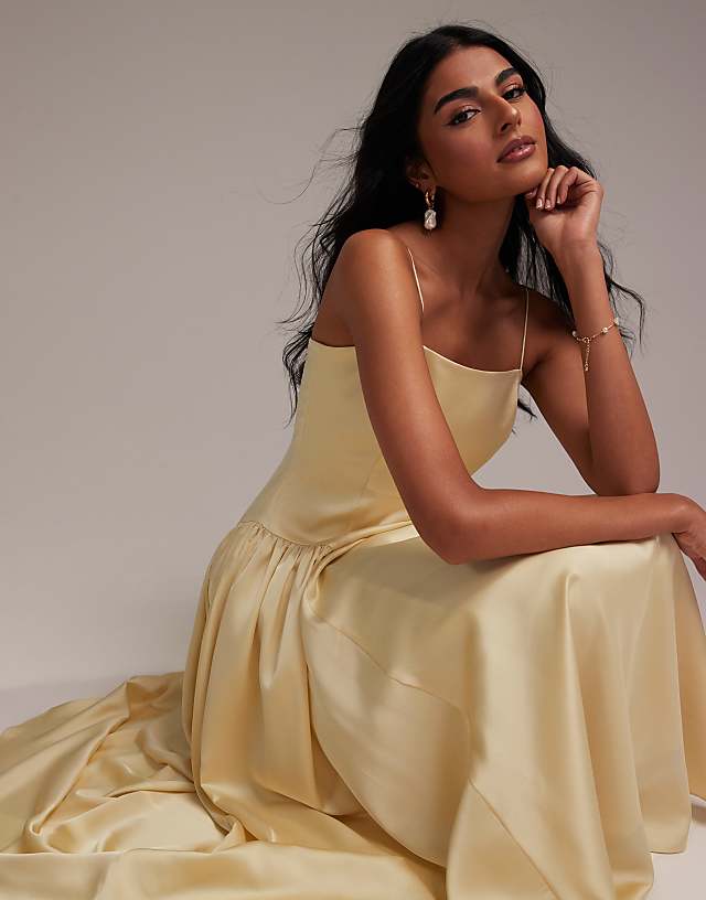 ASOS DESIGN Bridesmaids Drop Waist Tie Detail Cami Midaxi Dress In Soft Yellow
