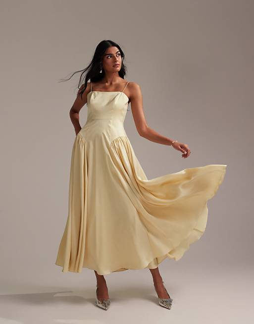 ASOS DESIGN Bridesmaids drop waist tie detail cami midaxi dress in soft yellow