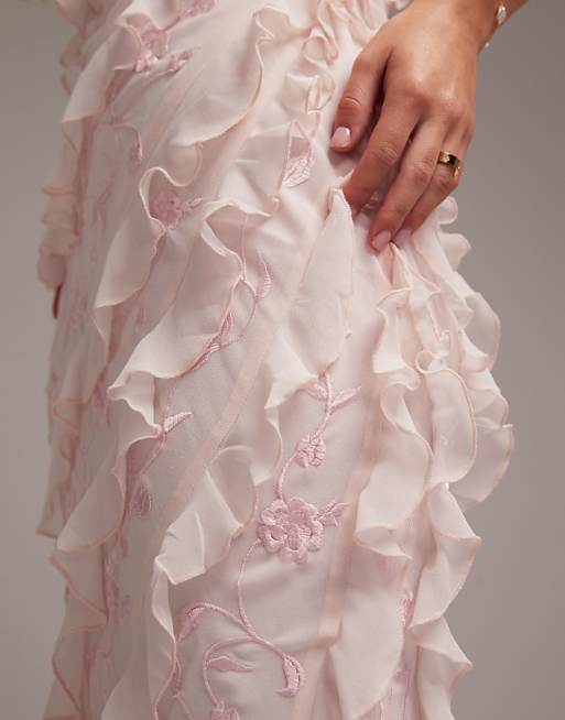 ASOS DESIGN Bridesmaids Embroidered Ruffle Cami Bias Maxi Dress In Soft Pink