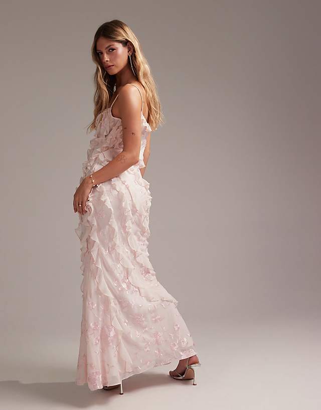 ASOS DESIGN Bridesmaids Embroidered Ruffle Cami Bias Maxi Dress In Soft Pink