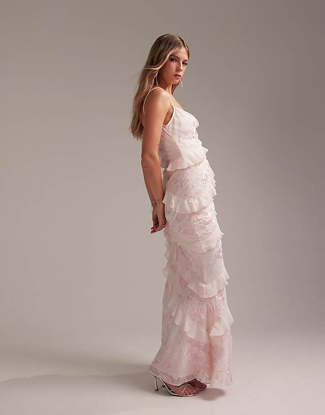 ASOS DESIGN Bridesmaids Embroidered Ruffle Cami Bias Maxi Dress In Soft Pink