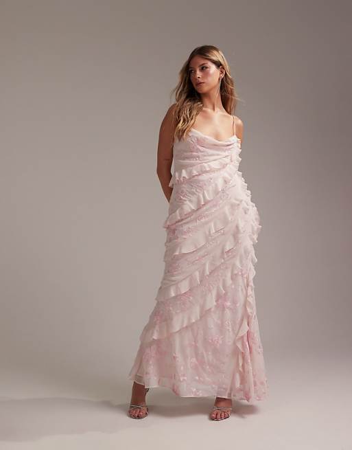 ASOS DESIGN Bridesmaids embroidered ruffle cami bias maxi dress in soft pink