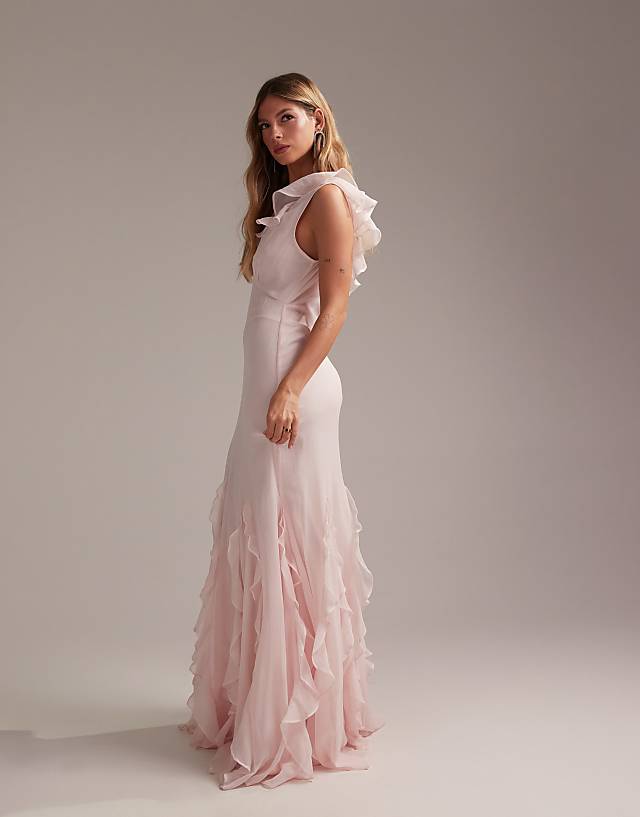 ASOS DESIGN Bridesmaids Flutter Sleeve Bias Maxi Dress With Godet Frill Hem In Soft Pink
