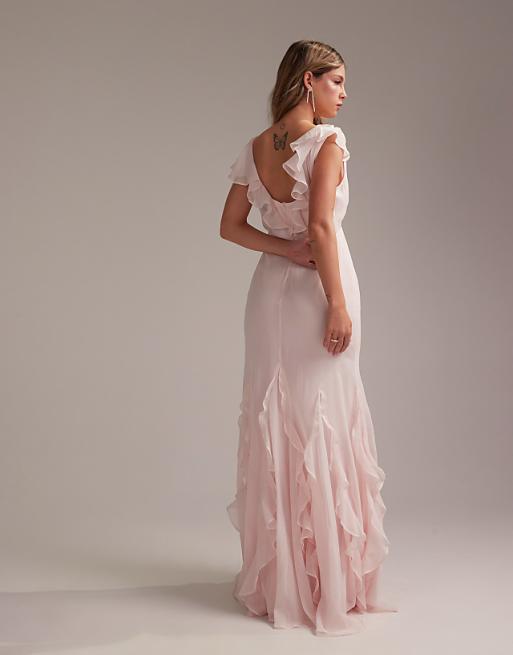 ASOS DESIGN Bridesmaids Flutter Sleeve Bias Maxi Dress With Godet Frill Hem In Soft Pink